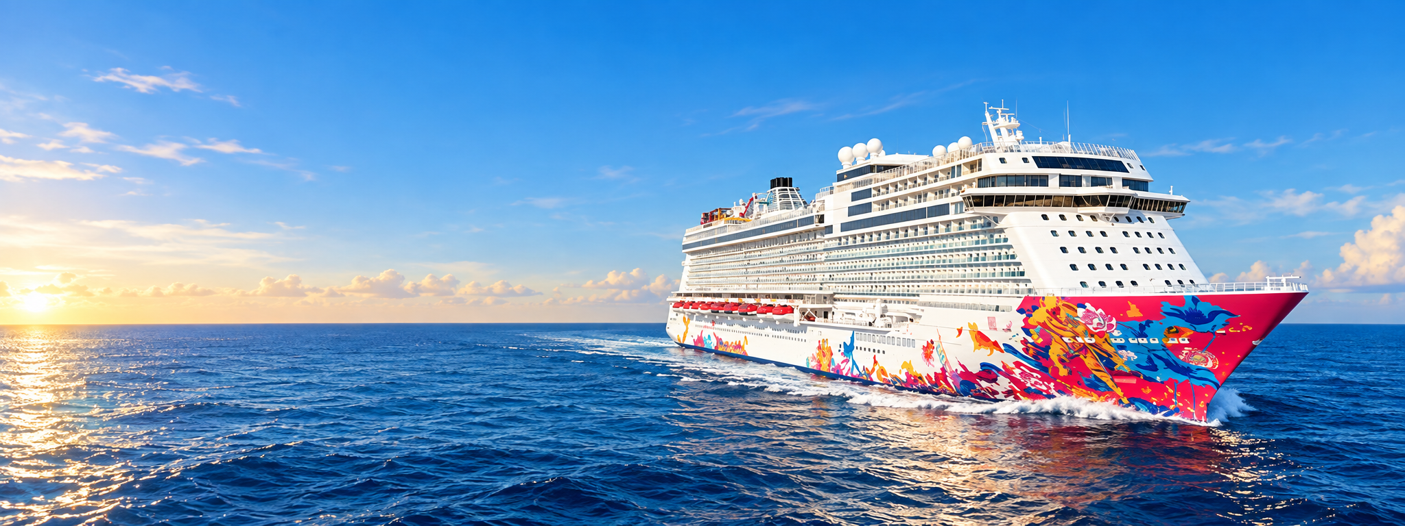 Cruise ship sailing across the ocean at sunset